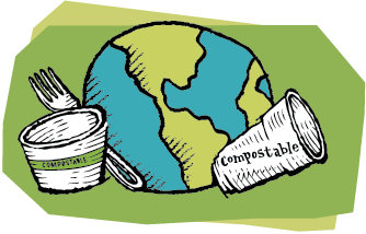 A compostable cup, bowl, and fork floating around earth with a green background.